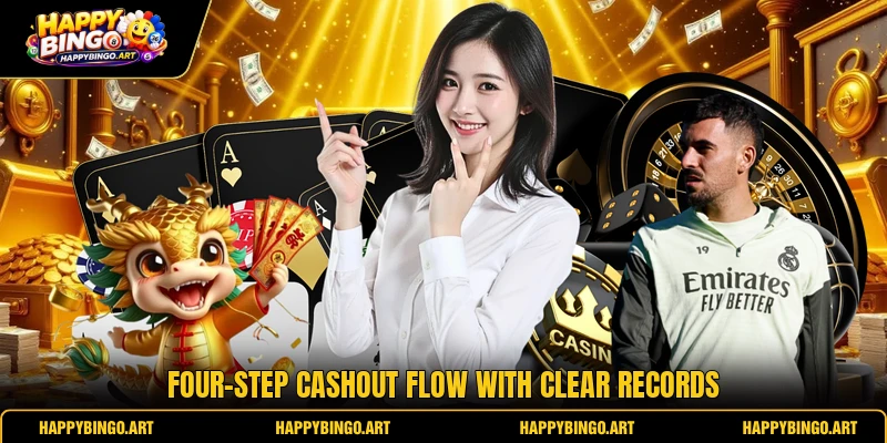 Four-step cashout flow with clear records Four-step cashout flow with clear records
